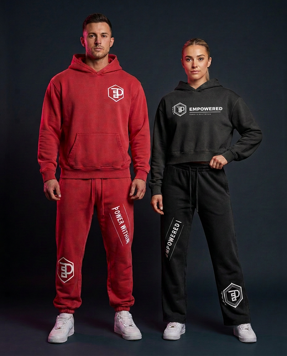 Male and female models wearing the newest Empowered hoodies and sweatpants