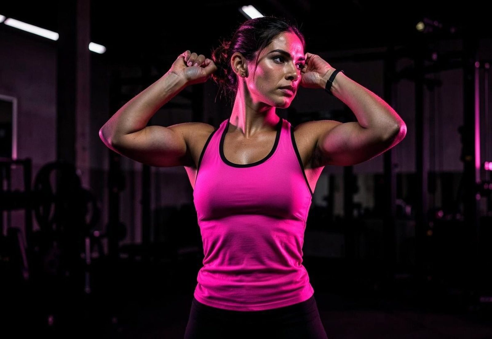 Female athlete in a Roky's pink training tank tying her hair back in the gym